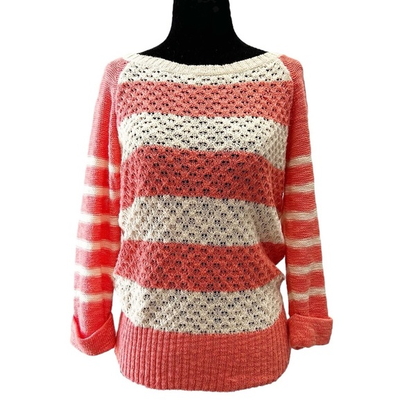 Ricki’s Sweater Lightweight Cotton Open Weave Coral Orange Stripes Size Small - Picture 1 of 14